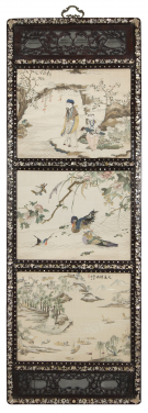 One of Eight Hanging Panels with the Eight Immortals and Eight Views in Canton
Late Qing dynasty or early Republican period
Silk, mounted in mother-of-pearl inlaid blackwood frame
H 175 x W 61.4 x D 3 cm
HKU.W.1996.1084 a-h
Gift of Dr T T Tsui, Tsui Art Foundation Ltd.
This panel shows three scenes: Lu Tung-pin, one of the eight immortals, together with a boy carrying a Guqin, butterflies and Mandarin ducks and the Datong temple in misty rain
